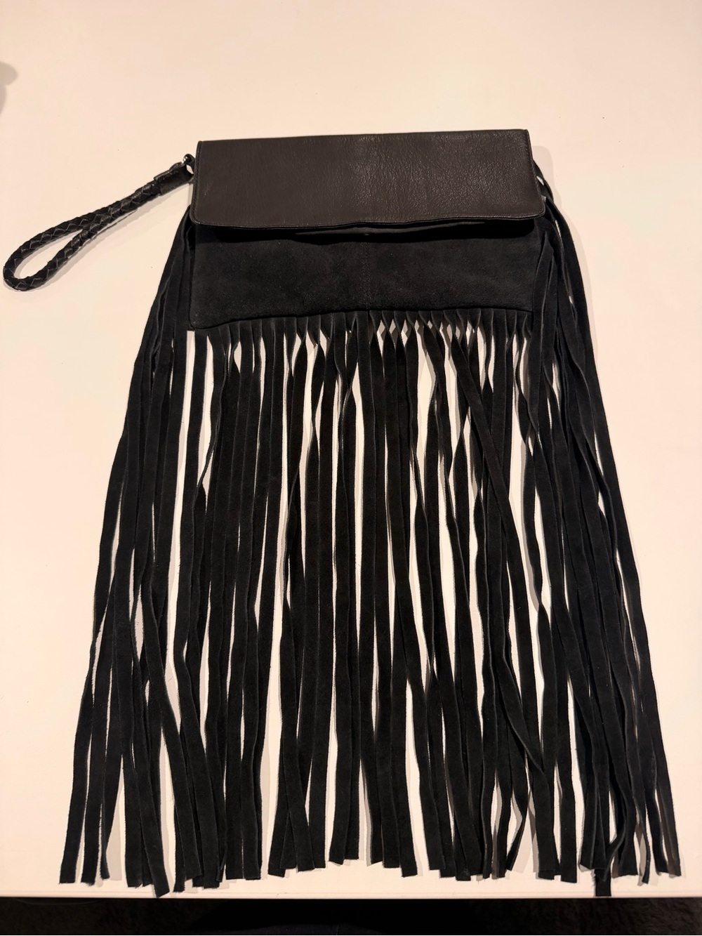 Topshop Black Suede Fringe Wristlet Clutch Bag – Boho Western Chic